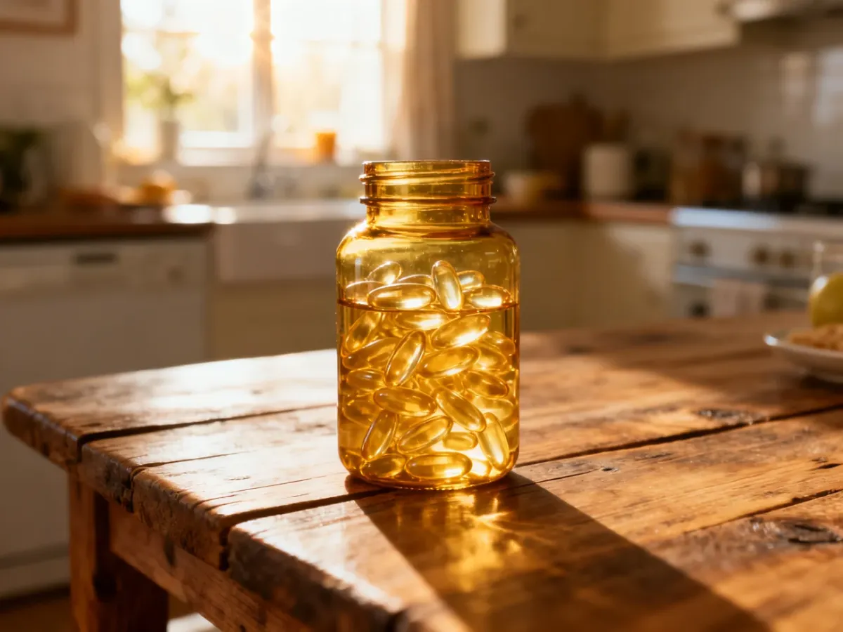 Szklana butelka z kapsułkami kwasów omega-3 na drewnianym stole w słonecznej kuchni.