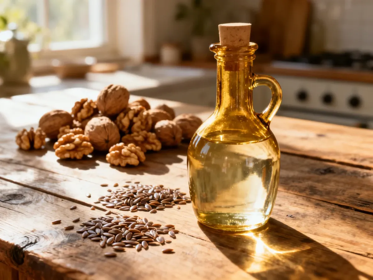 Złota butelka oleju na drewnianym stole w otoczeniu orzechów włoskich i nasion lnu, podkreślająca naturalne źródła kwasów omega-3.