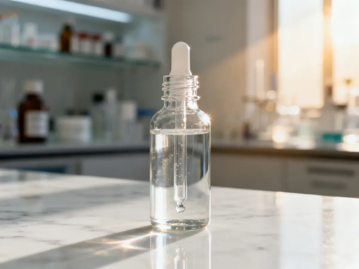 Szklana buteleczka z przezroczystym serum na marmurowym blacie w profesjonalnym, laboratoryjnym otoczeniu.