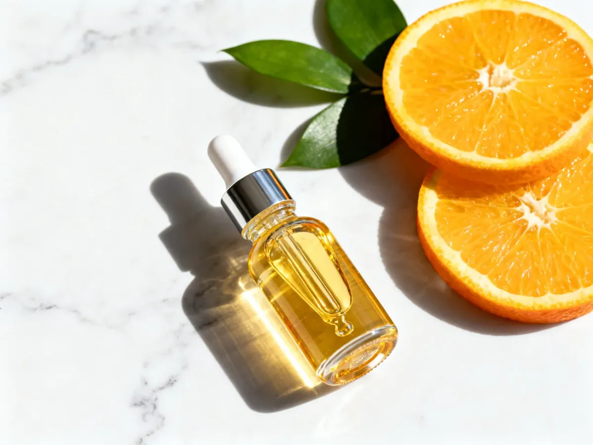Szklana buteleczka z serum z witaminą C na marmurowym blacie w otoczeniu świeżych pomarańczy.