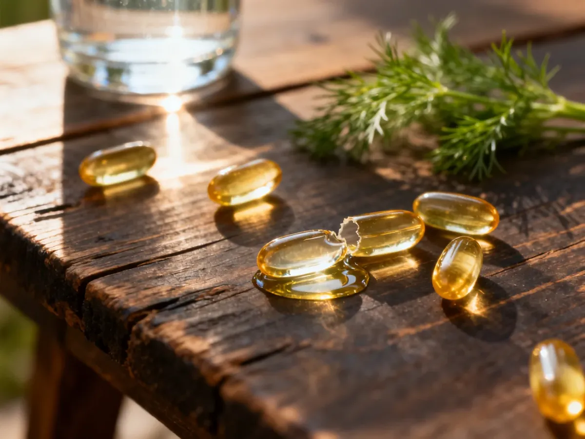 Złociste kapsułki z kwasami omega-3 na drewnianym stole, z jedną pękniętą kapsułką ukazującą zawartość oleju rybiego.