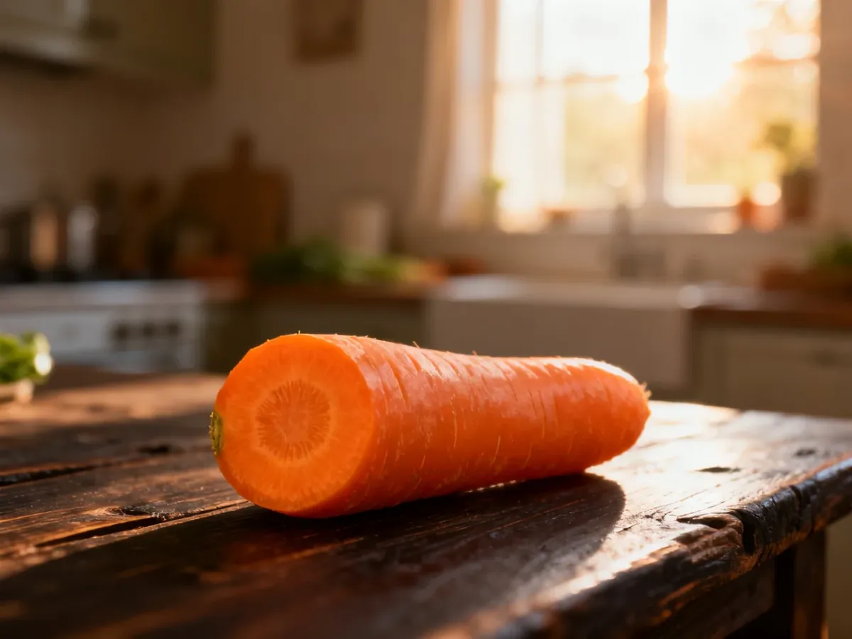 Przekrojona świeża marchewka na drewnianym stole, symbolizująca bogate źródło witaminy A w codziennej diecie.