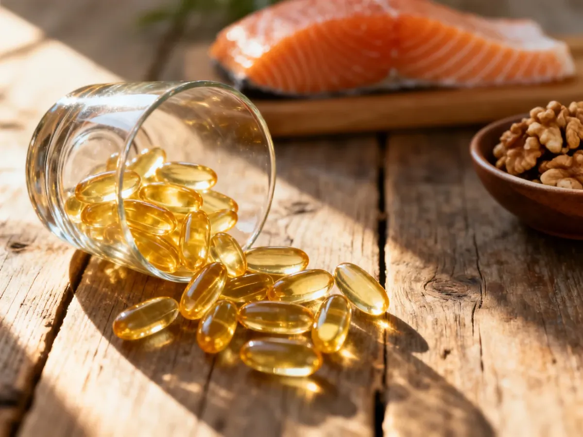 Złote kapsułki z kwasami omega-3 na drewnianym stole, w tle świeży łosoś i orzechy włoskie symbolizujące zdrowe źródła tłuszczów.