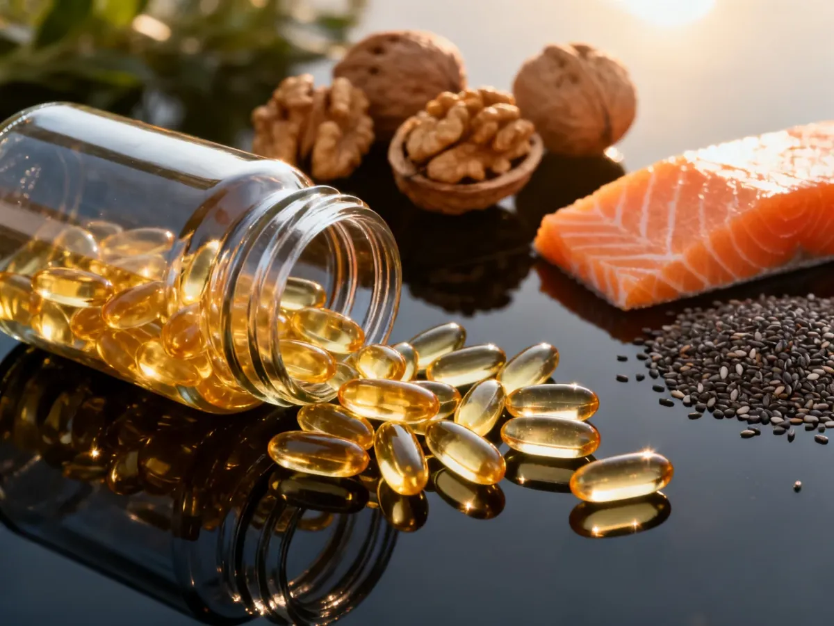 Złociste kapsułki z olejem rybim wysypujące się ze szklanej butelki w otoczeniu naturalnych źródeł kwasów omega-3.