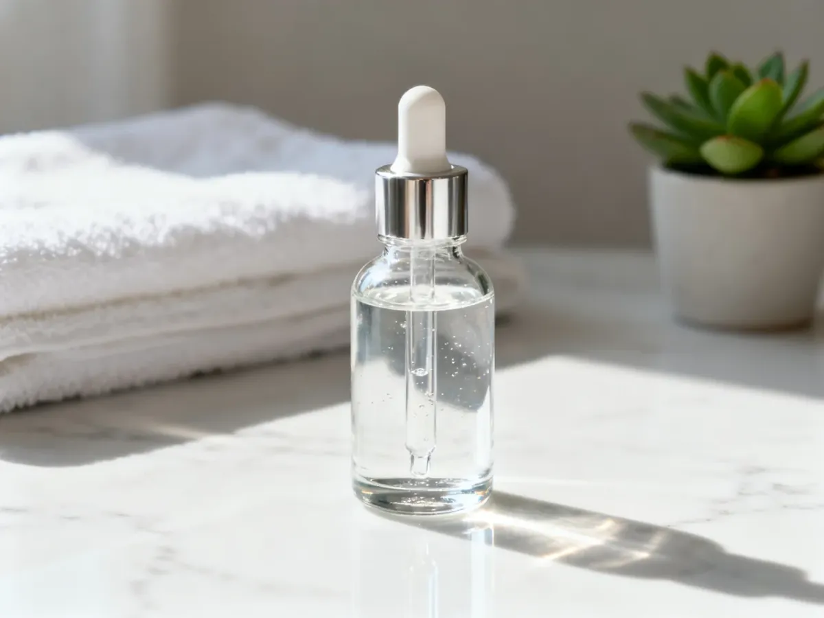 Szklana buteleczka z serum hialuronowym na marmurowym blacie w otoczeniu akcesoriów spa.